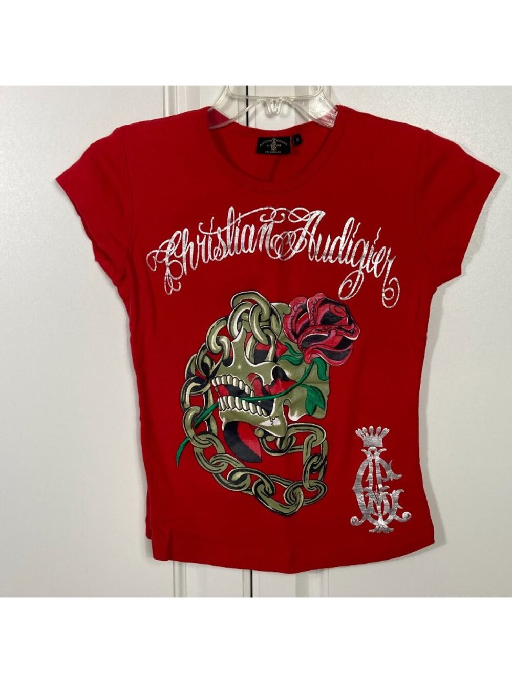 Ed Hardy Christian Audigier Womens Y2K Shirt Sz M Skull Chain Rose Red Embroider